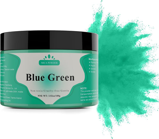 Mica Powder - 100g Mica Powder for Epoxy Resin - Metallic Color Pigment for Resin, Soap, Bath Bombs, Eye Shadow, Nails, DIY Crafting Projects etc. (Blue Green)