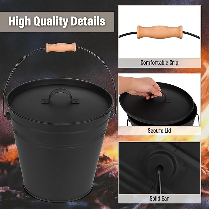 FEED GARDEN 3.5 Gallon Ash Bucket with Lid,Shovel,Broom and Screwdriver, Ash Can for Fireplace Fire Pits,Hearth,Wood Stoves,Fireplace Galvanized Iron Bucket,Pellet Charcoal BucketIndoor Outdoor，Black