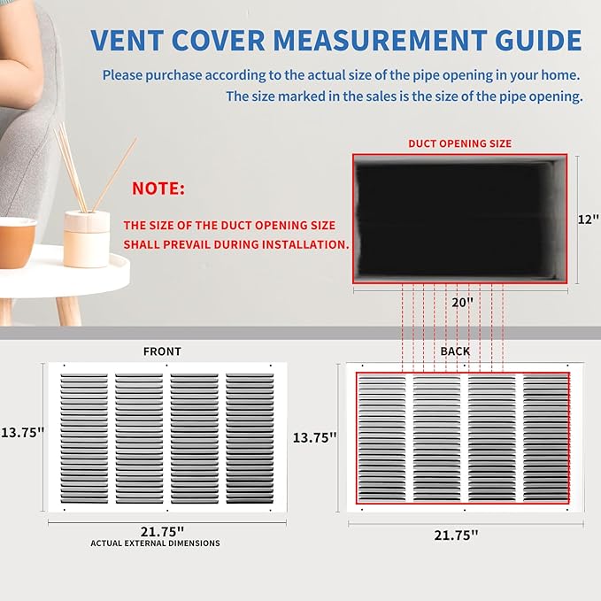 20x12 Return Air Grille (Duct Opening Size), Air Return Vent Cover, AC Vent Cover, Cold Air Return Vent Cover, Flat Return Air Grilles, Outer Dimensions:21.75"W x 13.75"H (20"W x 12"H, Duct Opening)