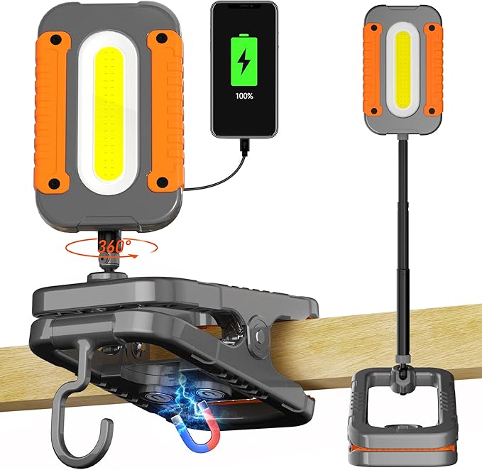 Rechargeable Work Light with Clamp, 3000LM Clip on Lamp with Magnet, Hook, Telescopic Stand, 360° Rotatable Portable LED Clamp Work Light for Boat, Job Site, Workshop, Car, Desk, Bench(1Pack)