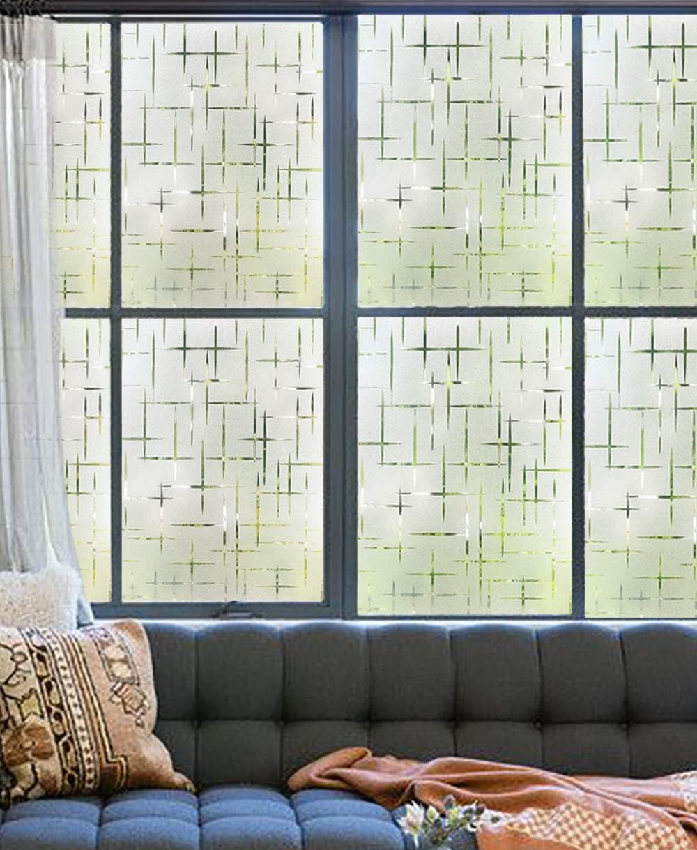 NINETREX Frosted Window Privacy Film,Window Cling Privacy Film, Decorative Glass Static Cling Non-Adhesive Vinyl Removable for Home Office Cross Pattern,11.8 x 78.7Inches
