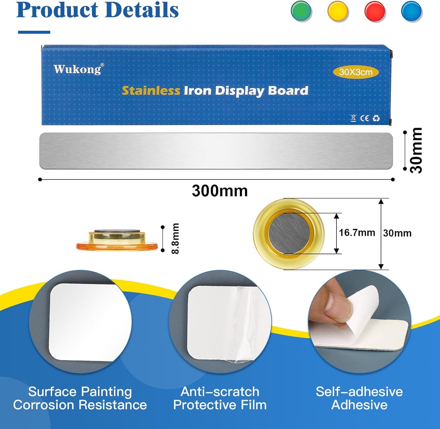 Wukong 6 Pack | 30x3cm(11.81 x 1.18) Magnetic Stainless Silver Boards Strips, Adhesive Backing Bulletin Bar Board, Memo Board with 16Pcs Colorful Magnets for Office, Home, Photo Wall, Documents