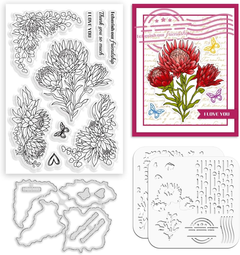 ORIGACH Realistic Protea Cynaroides Flower Layering Stencil Stamp and Die Set for Card Making, Silicone Stamps Metal Die Cut and Template for Card Making Scrapbooking DIY Crafting