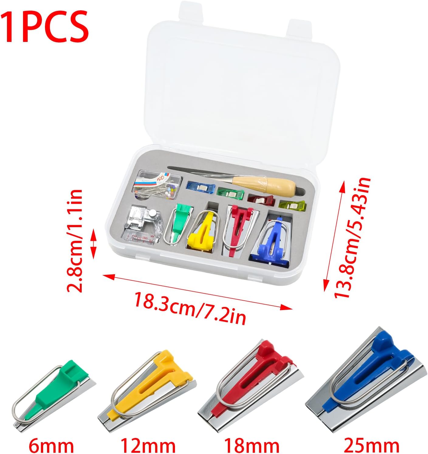 Funstreet Comprehensive Bias Tape Maker Kit, Fabric Tape Tools Sewing Machine Presser Foot, Sewing Clips Ball Point Pins, Awl for Fabric Sewing/Quilting