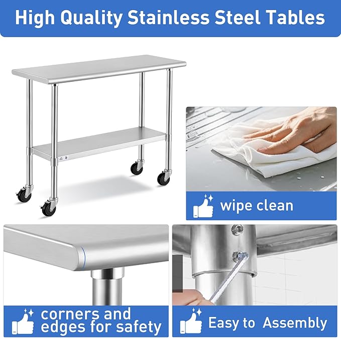 ROCKPOINT Stainless Steel Table for Prep & Work with Caster Wheels 30x48 Inches, NSF Metal Commercial Kitchen Heavy Duty Table with Adjustable Under Shelf and Table Foot for Restaurant, Home and Hotel