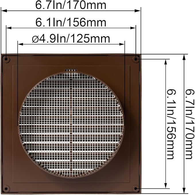 Brown 5'' Inch Ventilation Grille - Inside/Outside use - (Flange 4.9''Ø/Cover 6.7''x6.7'') - Air Vent Louver - Exhaust Hood - Available 3 Sizes / 4 Colors.