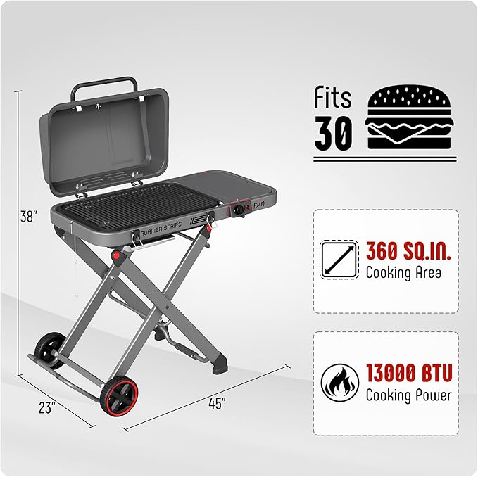 Portable Propane Gas Grill with Folding Cart & 13000 BTUs Burner, 360 Sq. In. Cast Iron Cooking Grates, Side Table, 8" Wheels, Stainless Grease Tray, Grey. Includes Propane Adapter Hose