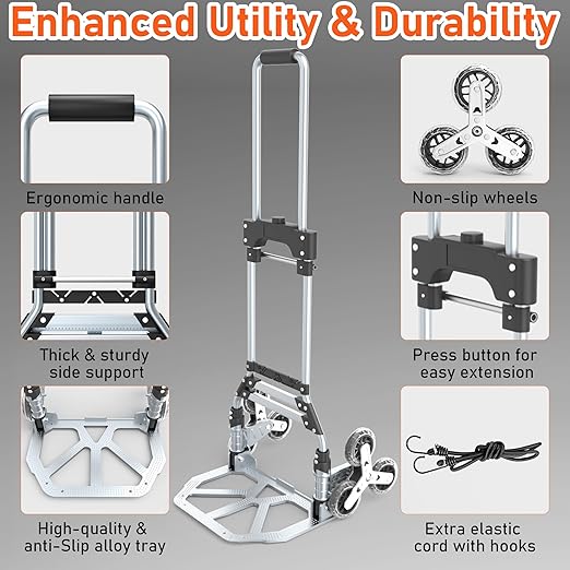 Stair Climbing Cart, 220 LBS Aluminum Stair Climber Dolly, Heavy Duty Folding Hand Truck Dolly with 6 Wheels, Telescoping Handle and Elastic Rope for Home, Moving, Groceries, Warehouse