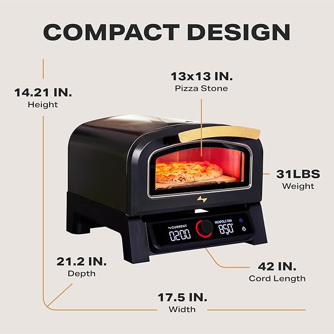 Current Model P Smart Electric Pizza Oven, 12-Inch, 850°F Max, 8 Cooking Modes, App Connectivity for Temperature Monitoring & Custom Cooking Times, Compact for Indoor & Outdoor Use, Dark Gray