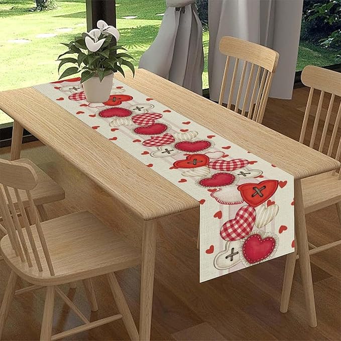 Valentines Day Table Runner,Rustic Red Heart Buttons Runner for Table Seasonal Romantic Decor for Indoor Outdoor Dining Table Decorations, 13"x72"