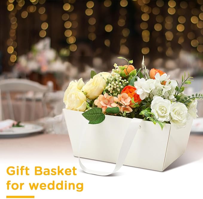 Tuanse 30 Pcs Basket for Gift Empty DIY Bulk Gift Basket Kit with Handle Kraft Cardboard Tray with 30 Bag 30 Bow Market Tray for Wedding Party(White,9.8 x 6.5 x 4.3 in)