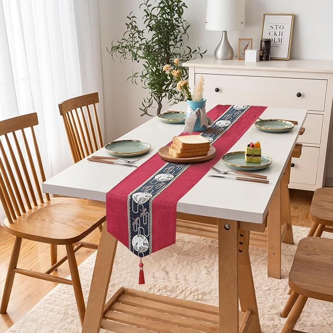 Embroidered Tassel Table Runner Chinese Style Landscape Painting Waterproof Cotton Linen Holiday Kitchen Dining Table Decoration for Home Party Decor 13x72 Inch (Rad)