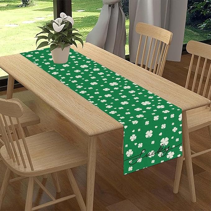 Clover Table Runner,Retro Rustic Green White Clover Seasonal Spring St.Patrick's Day Table Center Decor for Home Kitchen Dining Patio Holiday Party Indoor Table Decorations, 13"x72"