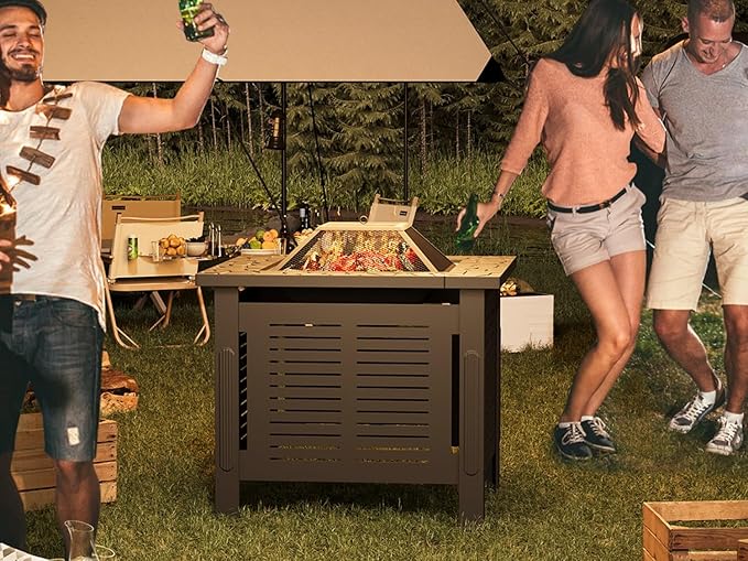 U-MAX Fire Pit Table, 30 Inch Wood Burning BBQ Grill Firepits, Metal Fireplaces with Waterproof Cover, 3 in 1 Fire Pits for Outside Party Barbecue Camping Picnic on Deck Backyard Garden, Black