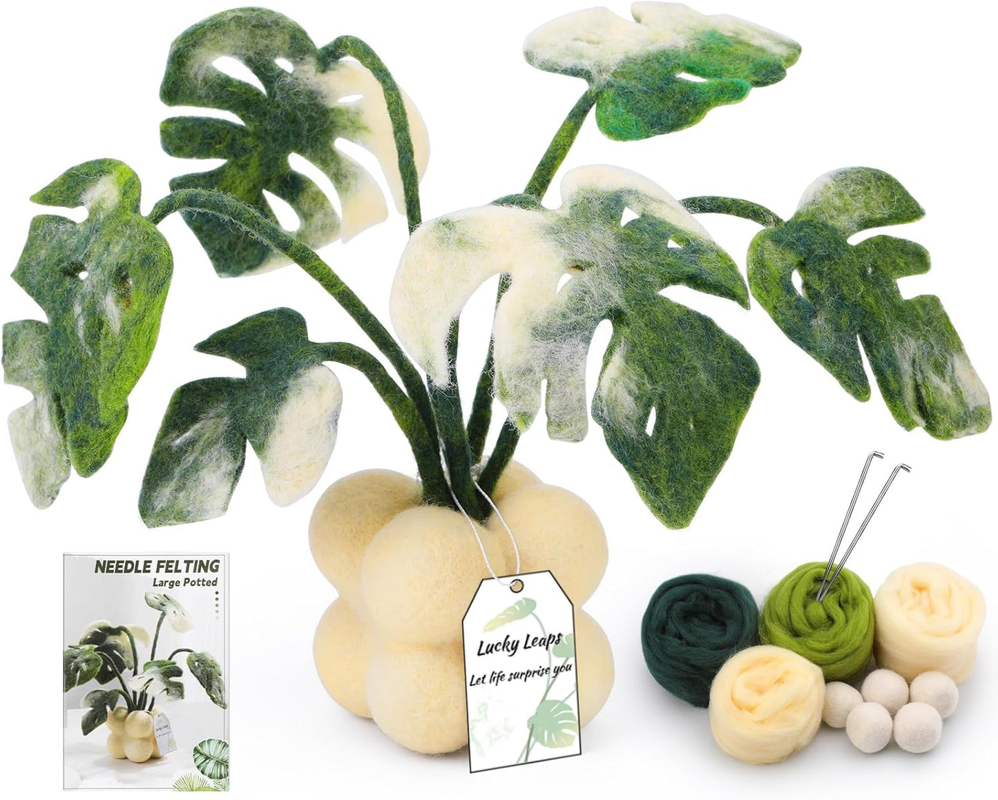 OEHPICC Needle Felting Kit for Beginners, Monstera Potted Plant Felt Kit, Wool Felting Kit with Felting Needles, Felting Pad and Instructions, Perfect for Office Indoor Greenery Present Idea