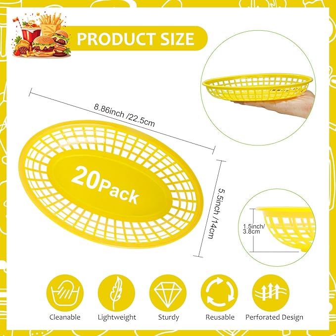 20 Pack Plastic Fast Food Baskets, 8.8" × 5.5" Small Oval Restaurant Serving Baskets Tray for Burgers, Sandwiches, Hot Dogs, Parties, Food Trucks, Reusable or Disposable, Stackable(Yellow)