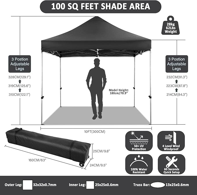 COBIZI 10x10 Pop Up Canopy Tent 10x10 Canopy with 4 Sidewalls Waterproof Heavy Duty Commercial Canopy Tent for Parties Outdoor Garden Gazebo, Carry Bag with Wheel(10x10ft, Black)