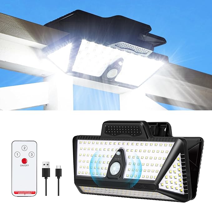 Large Clip on Solar Lights Outdoor, 208 LEDs 1000Lum Bright Solar Security Light with Motion Sensor, 3 Ways -Mount, Portable Solar Outdoor Lights for Fence Gutter Garage Yard