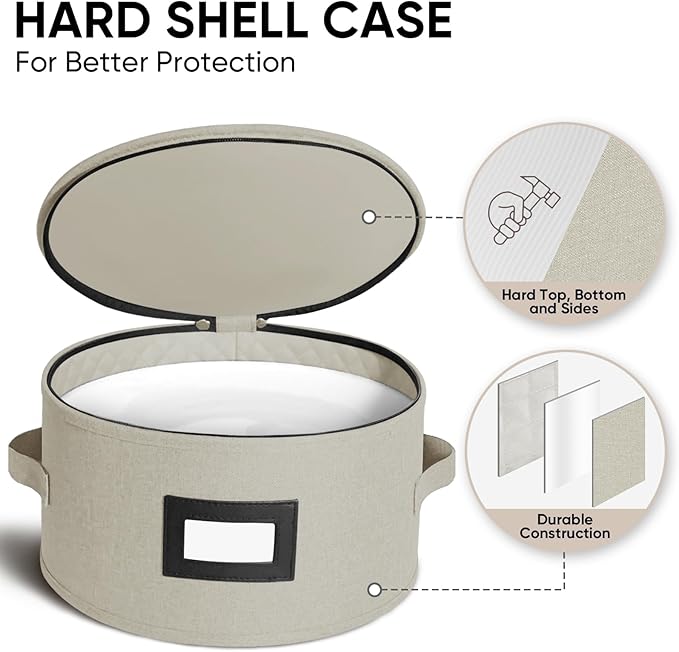 BALEINE China Storage Containers, Sturdy Quilted Wine Glass Storage, Plate Organizer with Carry Handles, Moving Boxes for Dishes, Cups, Mugs and Stemware (Plate, Hard Shell Cream)