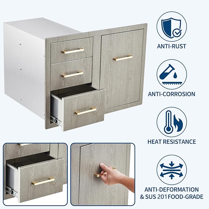 Stainless Steel Outdoor Kitchen Door Drawer Combo 29.5" W x 22.6" H x 21.7" D - Triple Drawers & Access Door, Propane Storage & Adjustable Garbage Ring, Weather-Resistant Flush Mount