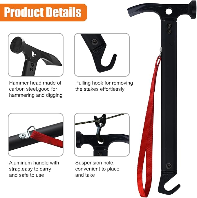 Eurmax USA Hiking Camping Tent Stakes and Hammer Set Lightweight Multi-Function Tent Hammer with Tent Stake Remover,Tent Pegs for Camping, Hiking, Backpacking, Gardening(Orange Stopper Stakes)