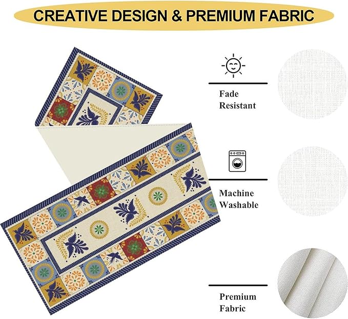 Mexican Table Runner, Blue Floral Birds Mexico Talavera Ceramic Dia De Los Muertos Coffee Table Center Decor for Family Home Kitchen and Dining Farmhouse Indoor Outdoor Table Decorations, 13" X 72"