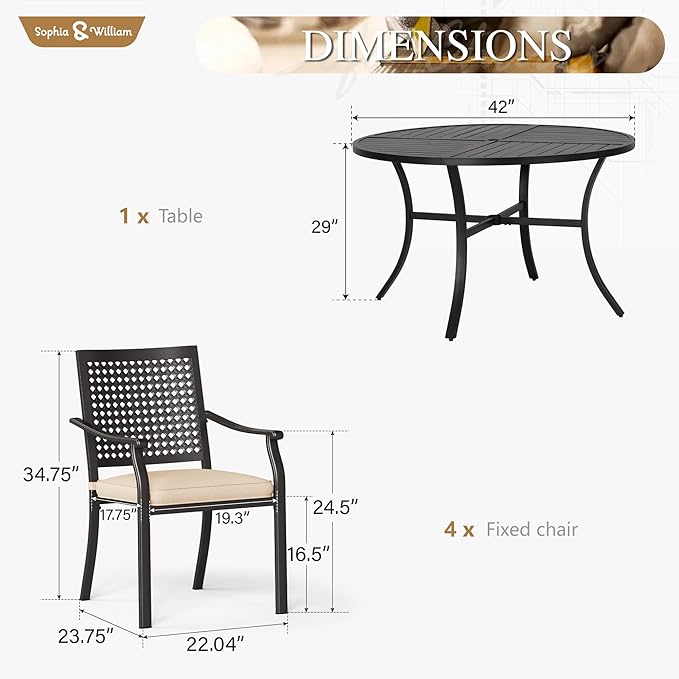 Sophia & William Round Patio Table and Chairs Set, Outdoor Dining Set for 4, 5 Piece Metal Patio Furniture, 42" Black Table(Beehive)