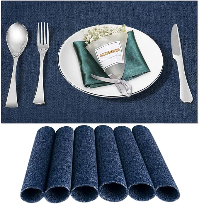 Placemats Set of 6,Washable,Heat and Stain Resistant Indoor/Outdoor Place mats,Vinyl Woven Non Slip Table Mats for Restaurant Table Protection,PVC Placemats(Navy Blue,6PCS)