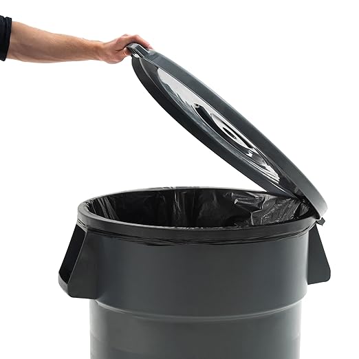 PRO&Family Commercial Round Trash Can with Lid and Dolly Rolling Waste Container, Ingredient Bin, Heavy-Duty Plastic, Anti-Static, Kitchen, Office, Outdoor Use (Gray, 44 Gallon)