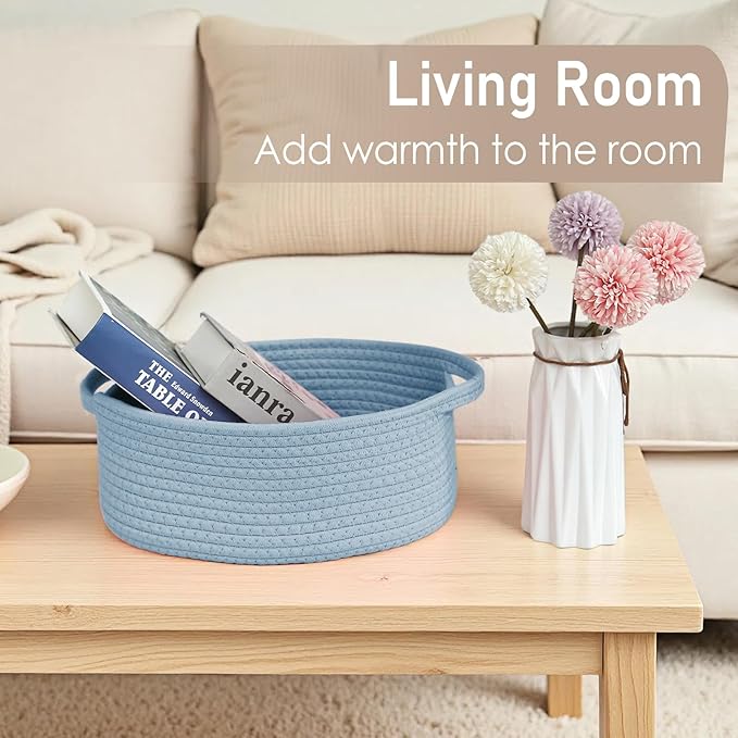 Woven Basket,Small Rope Storage Bin with Handles & Ribbon Bag, Organizer for Shelves Closets,Gift Basket Empty for Birthday,Books,Dog Toys, Blue/3 Pack