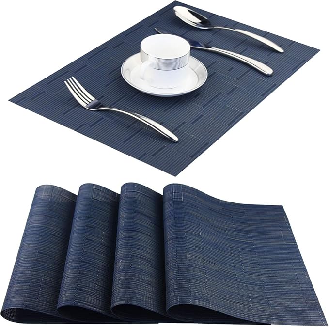 Vinyl Placemats,Washable Table Mats Easy to Clean Woven Placemats for Dining Table Set of 4(Navy Blue)
