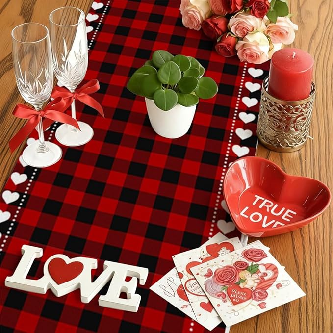 Valentine’s Day Love Heart Red Black Buffalo Plaid Table Runner 13x36 Inch Seasonal Holiday Kitchen Dining Tabletop Runners for Anniversary Mantel Party Indoor Outdoor Decoration