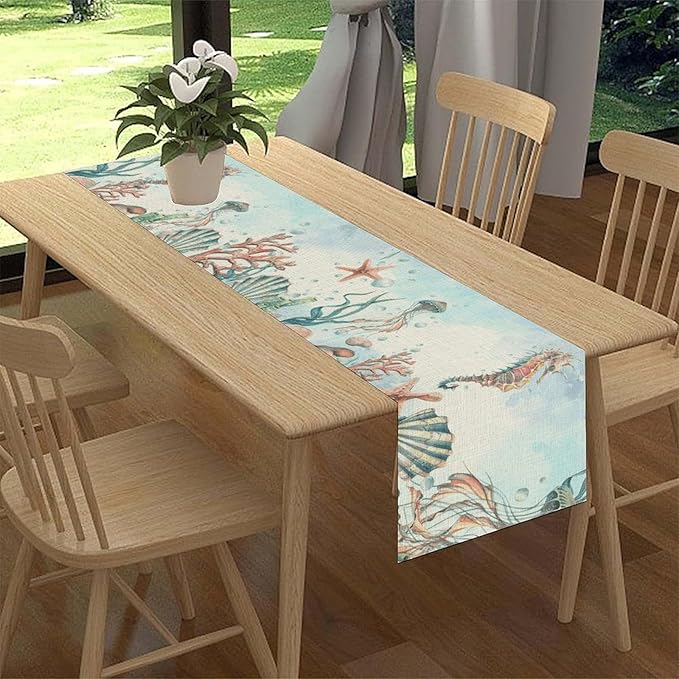 Summer Beach Table Runner, Blue Sea Coastal Nautical Turtle Jellyfish Seashell Ocean Table Runner Seasonal Holiday Home Kitchen Dining Table for Home Party Decor 13"x90"
