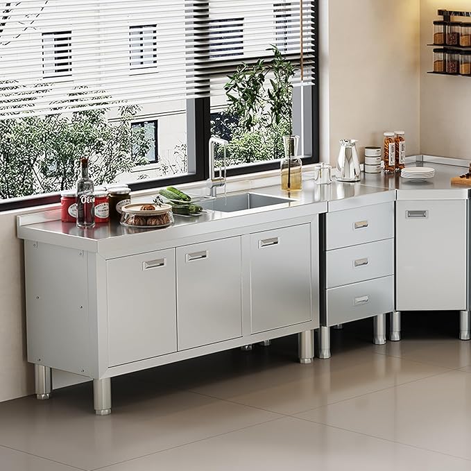 WWK 47" x 21" Stainless Steel Sink with Cabinet, Freestanding Utility Sink Laundry Sink, Heavy Duty Commercial Kitchen Sink for Outdoor, Restaurant, Hotel, Cafe, and Garage, 21D x 47W x 35H inches