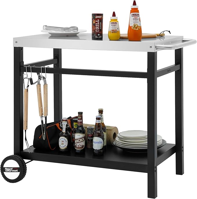 Royal Gourmet Dining Cart Table with Double-Shelf, Movable Stainless Steel Flattop Grill Cart, Hooks, Side Handle, Multifunctional PC3401S (Silver)