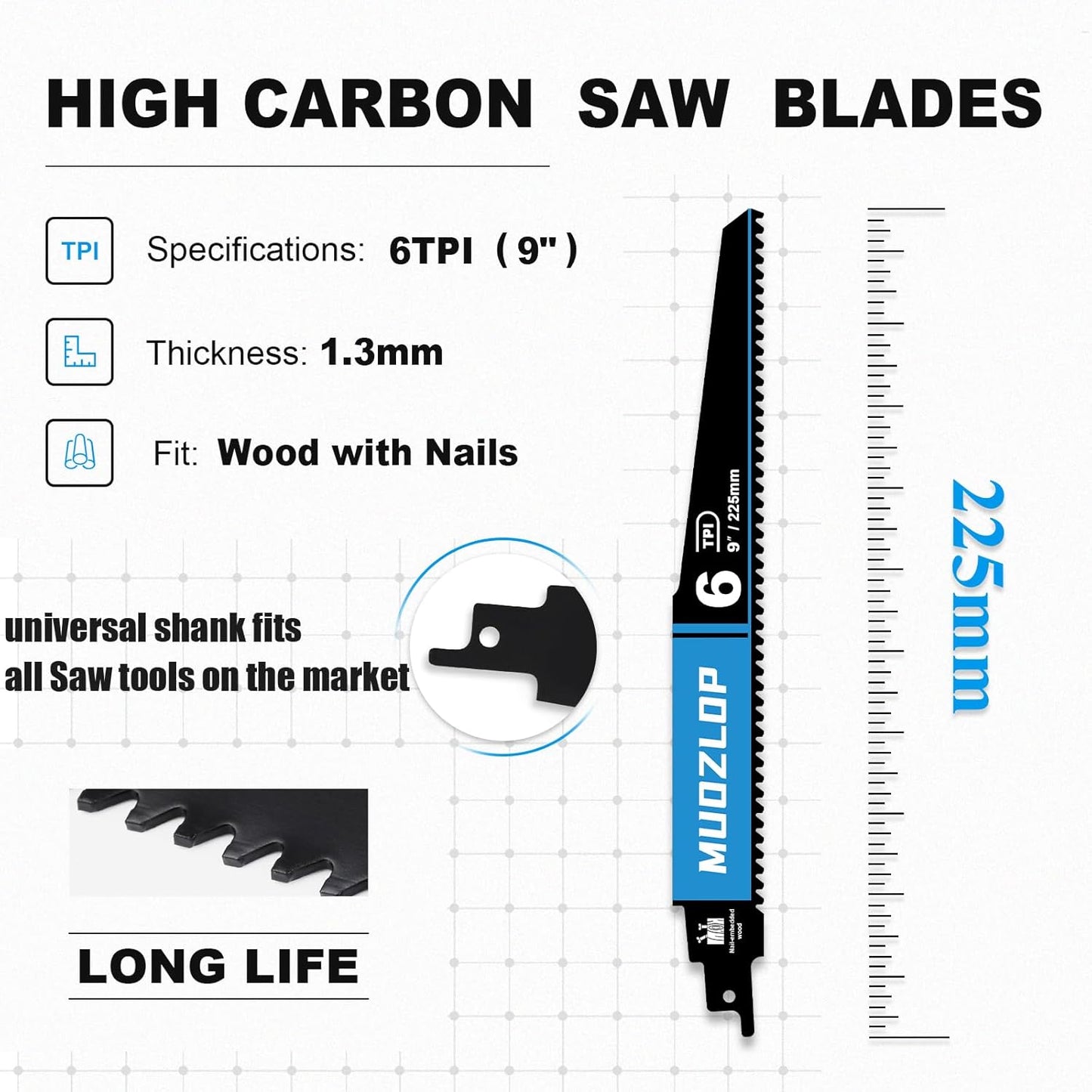 1 Pack 9 inch Reciprocating Saw Blades Set，6 TPI High Carbon Saw Blades for Wood with Nails ，Saw Blades with Organizer Case (1, 6T/9inch)