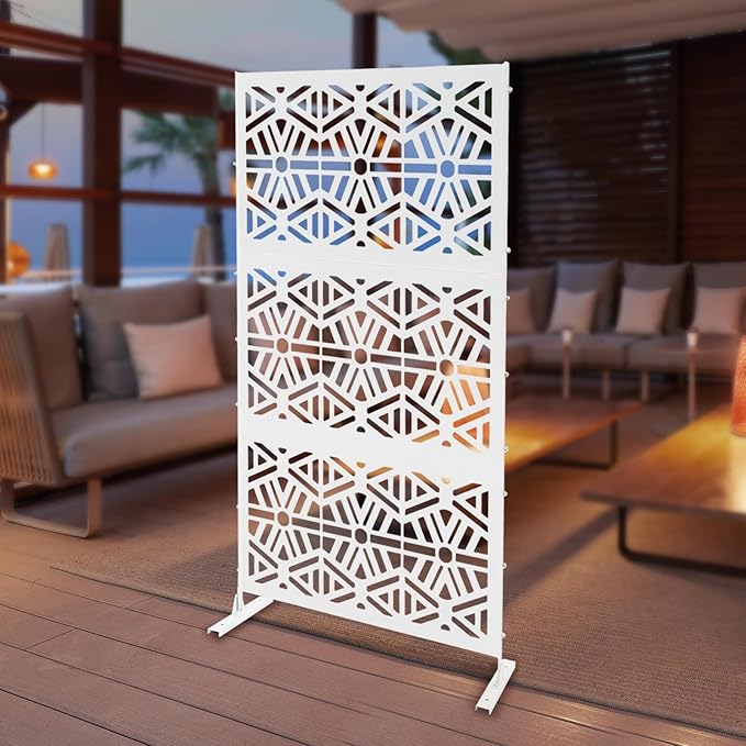 75" H×35" W Decorative Outdoor Privacy Screen with Stand, Outdoor Decor Privacy Fence Screen Metal Fence Panels, Free Standing Metal Divider for Patio Lawn Deck (White-Rhombus)