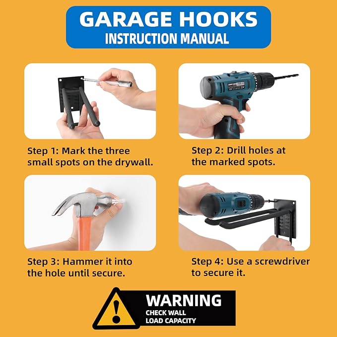 8 Pack Garage Hooks Heavy Duty 10 INCH Double-Layer Steel Shed Wall Mount Workshop Garage Storage Organizer Hooks for Hanging Garden Tool, Hose, Ladder, Chairs, Bikes with Anti-Slip Coating
