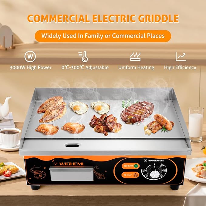 WICHEMI 22" Electric Grill Commercial Countertop Griddle Flat Top Grill Hot Plate Non-Stick Stainless Steel Teppanyaki Grill for Restaurant Kitchen, 110V 3000W