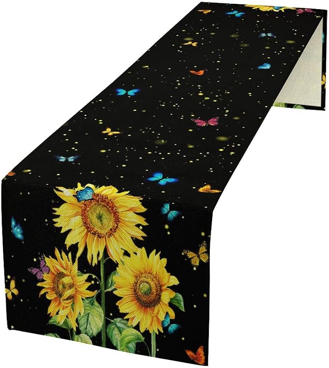 Farmhouse Sunflower Table Runner, Black Starry Spring Yellow Flowers Botanical Butterfly Table Runners for Dining Kitchen Holiday Party Table Decor, 13x120inch