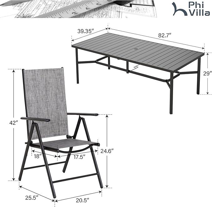 PHI VILLA 9 Piece Patio Dining Set, Patio Furniture Outdoor Dining Set with Adjustable Portable Patio Folding Chairs (Grey) & Large Patio Dining Table for Yard, Garden and Deck