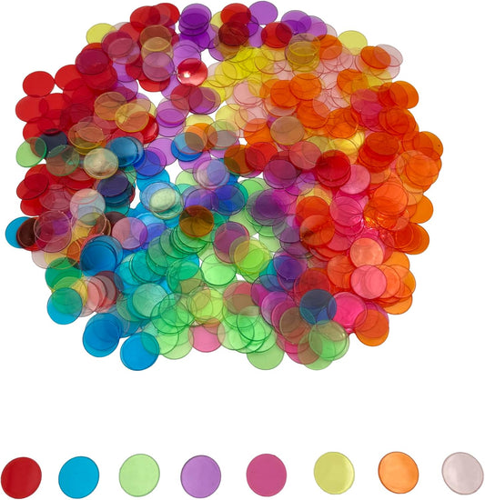 500 Pcs of 3/4 inch Transparent 8 Color Clear Bingo Counting Chips Plastic Markers for Bingo Games, Math Counters,Classroom,Fun Family Game Night, Large Group Games