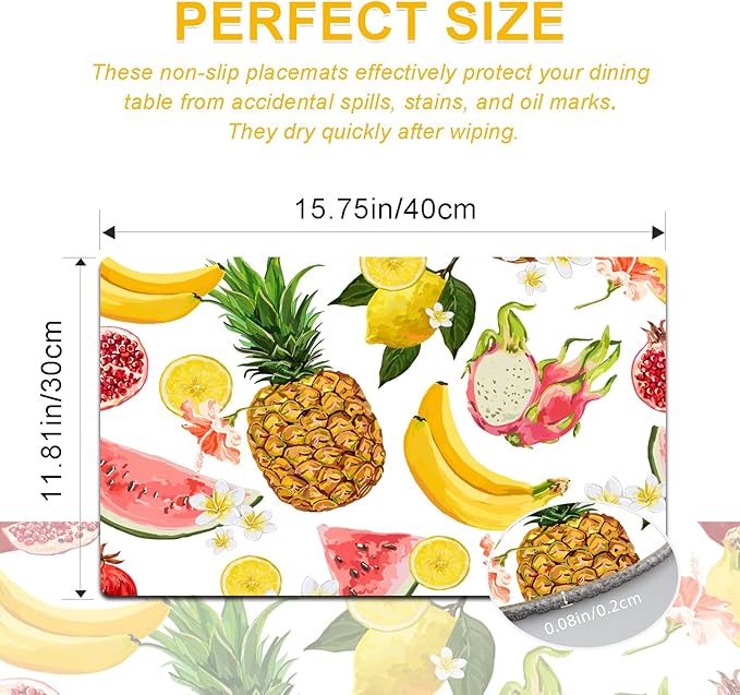 Fruit Placemats Set of 4 - Faux Leather Heat Resistant Placemats for Dinner Table, Non-Slip Waterproof Oil-Proof Washable Reusable Placemat for Indoor Outdoor Kitchen Decor, 15.75In*11.81In