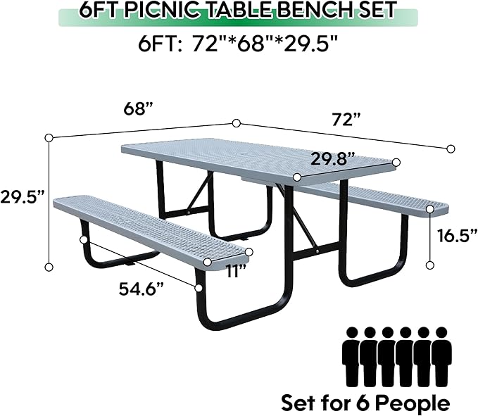 6FT Rectangular Metal Picnic Table for Outdoors, Commercial Steel Metal Picnic Tables, Heavy Duty Sturdy Picnic Tables Furniture Set for Patio Garden Courtyard BBQ, with Umbrella Hole, Grey
