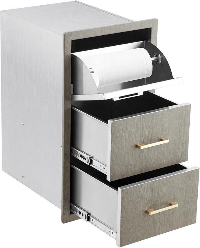 Stainless Steel Outdoor Kitchen Double Access Drawers 17"W x 30"H x 21"D - Heavy Duty Weather-Resistant Combo with Built-in Paper Towel Holder, Flush Mount for BBQ Island & Grill Station