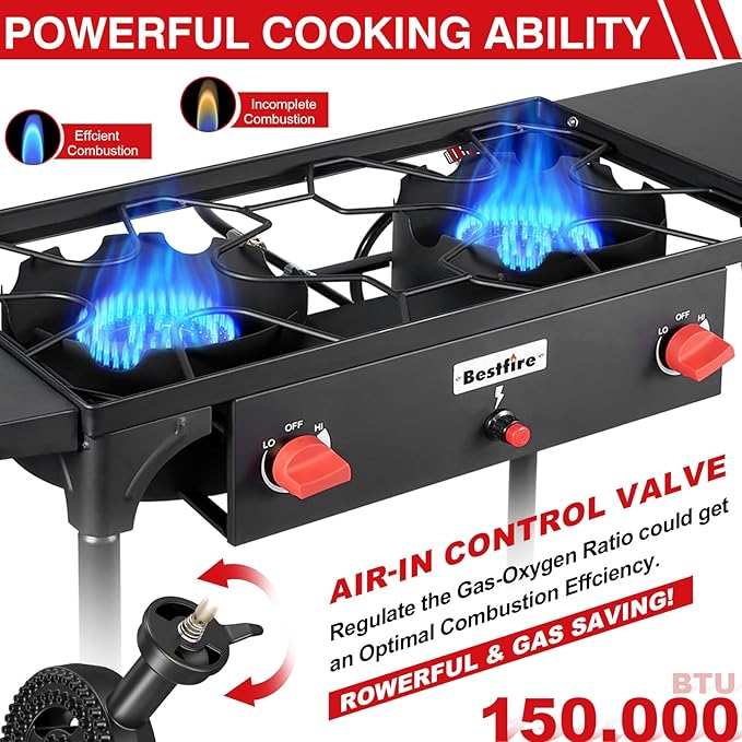 Bestfire 2 burner Camping Stove with Auto Ignition Button,Side Shelves & Regulator150,000 BTU Gas Stove Propane Burner With Removable Legs for Outdoor BBQ&Backyard Cooking Camping Home