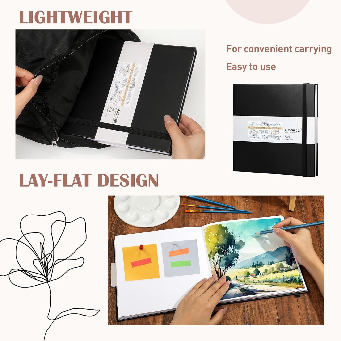 Moinchore Back to School Gifts Square Sketchbook 8 x 8 Inch Hardcover Art Sketch Book Drawing Papers 120 Pages, Mixed Media Journal Notebook with Elastic Closure Sketchbook for Drawing(Black)