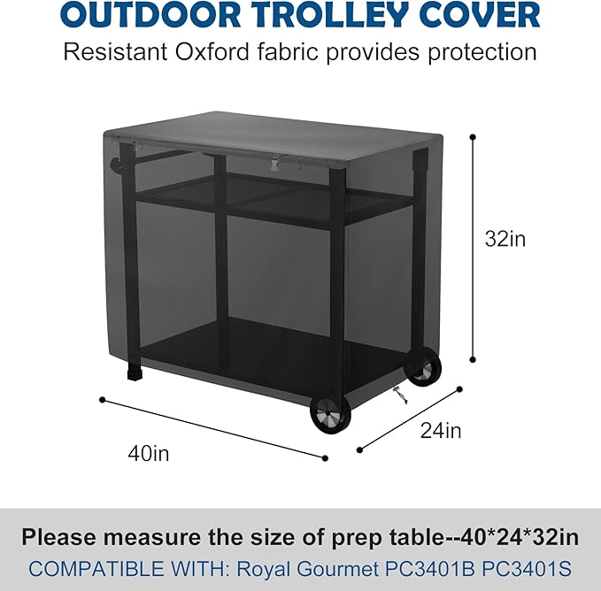Outdoor Dining Cart Cover,Outdoor Prep Table Cover with Split Zipper,40"x24"x32" Waterproof,for Royal Gourmet Double-Shelf Dining Cart Table