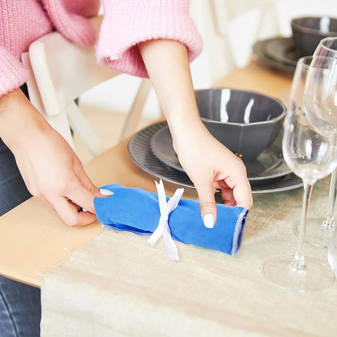 Weewooday Silver Storage Bags Anti Tarnish Silver Protector Bags Blue Holder for Silverware Flatware Storage Organizer Cloth Place Setting Roll with White Ribbon for Teaspoon Utensils(4 Pieces)