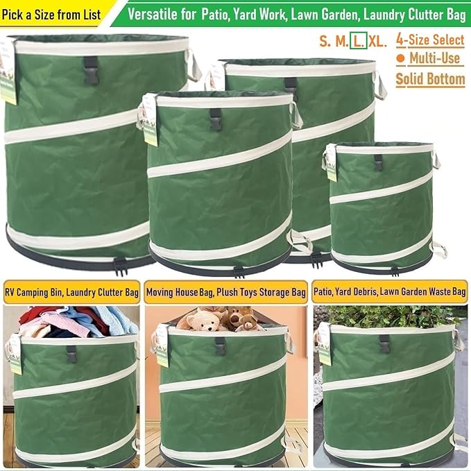32-Gallon Collapsible Trash Can (19x25 in) Hard-Shell Bottom Leaf Bag,Yard Waste Bag,Garden Debris Container,Pop-Up Recycling Bin,RV Camping Waste Bin,Laundry Hamper,Lawn Grass Clippings,Weeds Basket